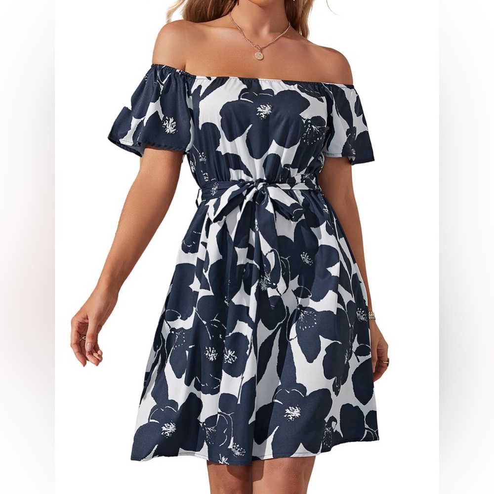 Blue and White Off-Shoulder Sundress with Flutter Sleeves